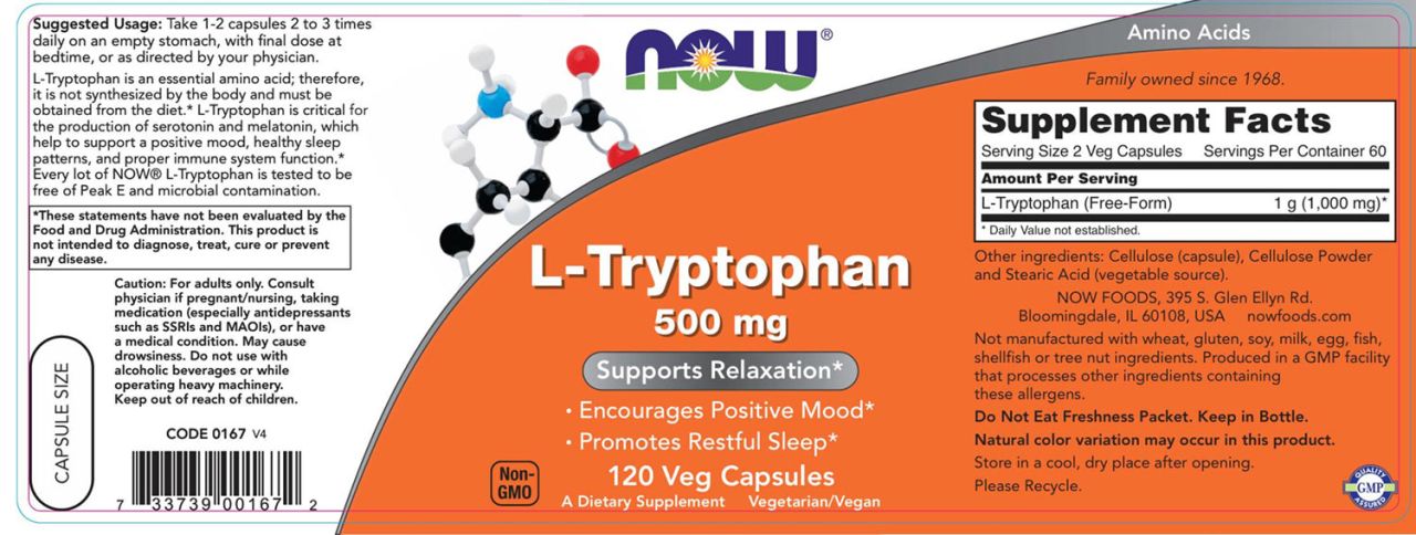 NOW - L-TRIPTOFÁN 500 MG - L-TRYPTOPHAN - 120 KAPSZULA NOW - L-TRIPTOFÁN 500 MG - L-TRYPTOPHAN - 120 KAPSZULA