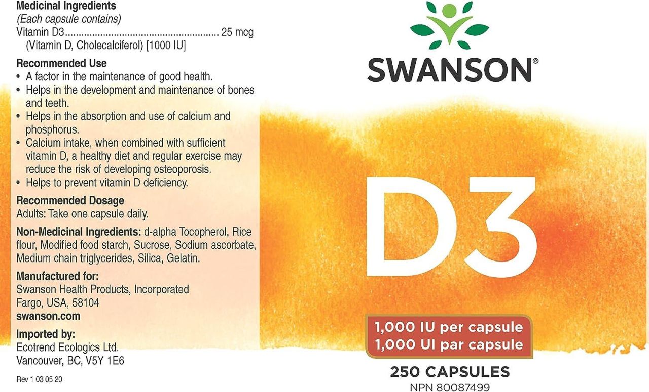 SWANSON - VITAMIN D3 1000 IU - 250 KAPSZULA SWANSON - VITAMIN D3 1000 IU - 250 KAPSZULA