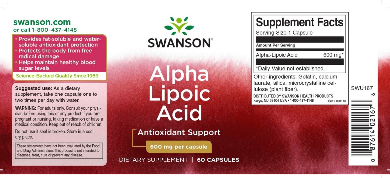 SWANSON - ALPHA LIPOIC ACID 600 MG - 60 KAPSZULA SWANSON - ALPHA LIPOIC ACID 600 MG - 60 KAPSZULA