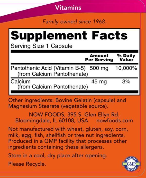 NOW - PANTOTÉNSAV 500 MG - PANTOTHENIC ACID - 100 KAPSZULA NOW - PANTOTÉNSAV 500 MG - PANTOTHENIC ACID - 100 KAPSZULA