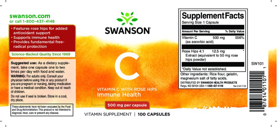 SWANSON - VITAMIN C 500 MG WITH ROSE HIPS - 100 KAPSZULA SWANSON - VITAMIN C 500 MG WITH ROSE HIPS - 100 KAPSZULA