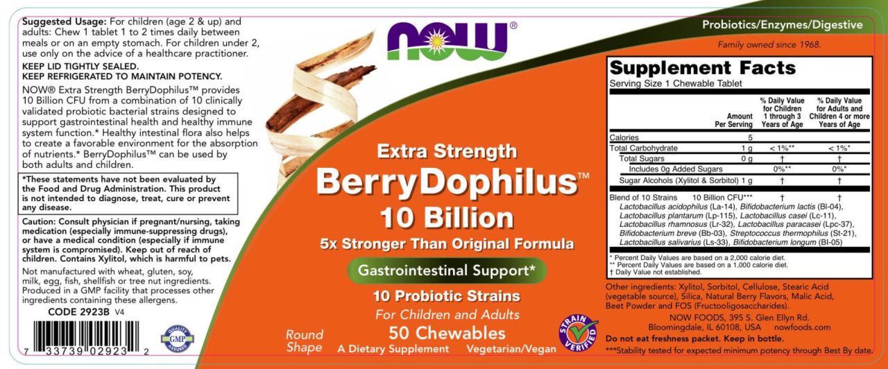 NOW - BERRYDOPHILUS 10 BILLION - EXTRA ERŐS PROBIOTIKUM - 50 RÁGÓTABLETTA NOW - BERRYDOPHILUS 10 BILLION - EXTRA ERŐS PROBIOTIKUM - 50 RÁGÓTABLETTA