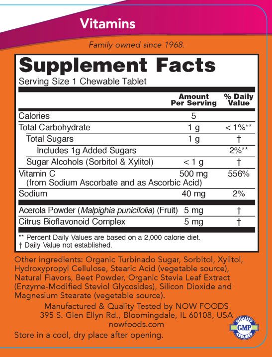 NOW - C-VITAMIN 500 MG RÁGÓTABLETTA - VITAMIN C-500 CHEWABLE - CSERESZNYE ÉS BOGYÓS GYÜMÖLCS - 100 TABLETTA