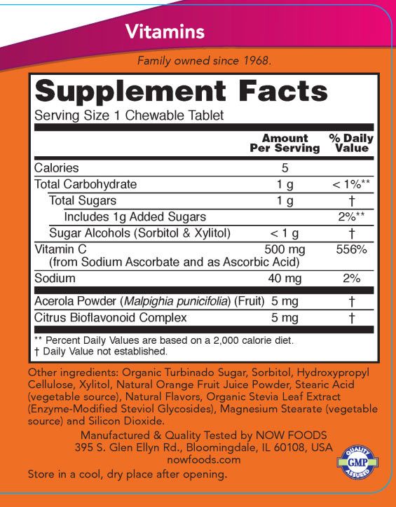 NOW - C-VITAMIN 500 MG RÁGÓTABLETTA - VITAMIN C-500 CHEWABLE - NARANCS - 100 TABLETTA