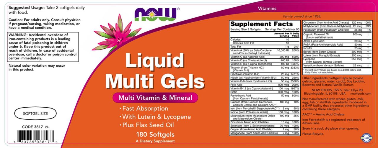 NOW - GYORS FELSZÍVÓDÁSÚ MULTIVITAMIN - LIQUID MULTI GELS - 180 KAPSZULA NOW - GYORS FELSZÍVÓDÁSÚ MULTIVITAMIN - LIQUID MULTI GELS - 180 KAPSZULA