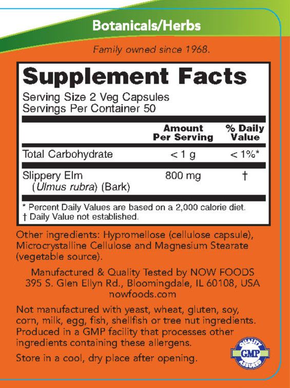 NOW - SLIPPERY ELM - VÖRÖS SZIL 400 MG - 100 KAPSZULA NOW - SLIPPERY ELM - VÖRÖS SZIL 400 MG - 100 KAPSZULA
