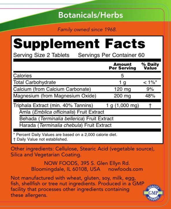 NOW - TRIPHALA 500 MG - GYÜMÖLCSKIVONAT - 120 TABLETTA NOW - TRIPHALA 500 MG - GYÜMÖLCSKIVONAT - 120 TABLETTA