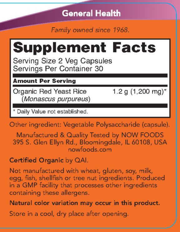 NOW - VÖRÖS RIZS ÉLESZTŐ 600 MG KAPSZULA - RED YEAST RICE 600 MG - 60 KAPSZULA