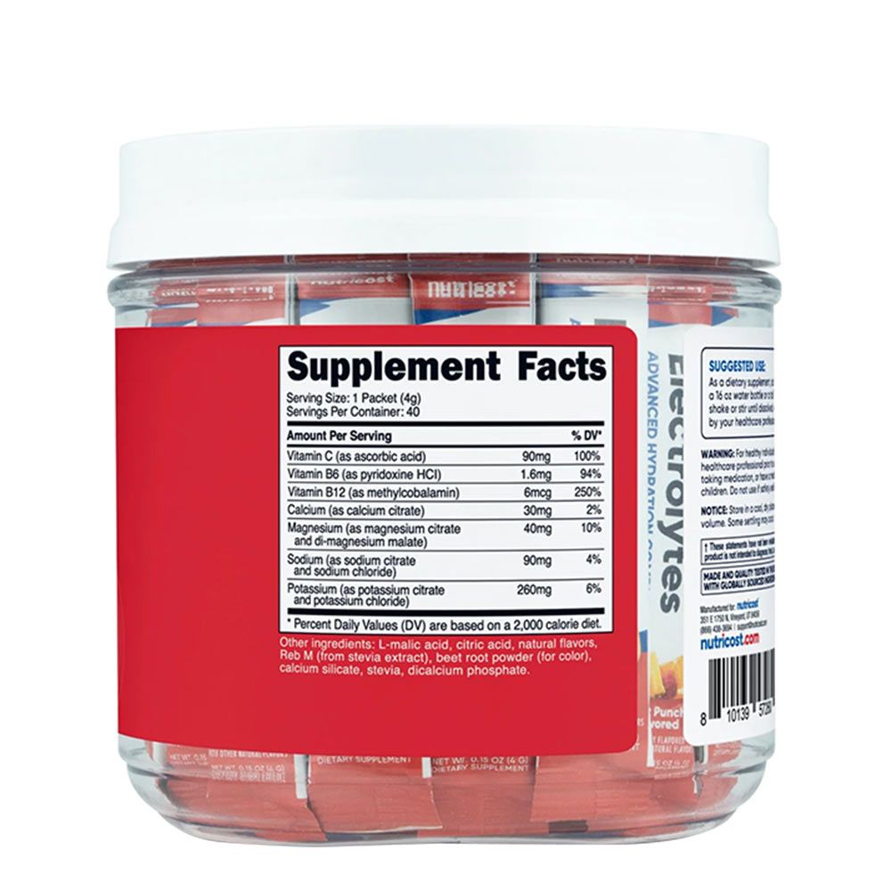 NUTRICOST - ELECTROLYTES HYDRATION STICK PACKS - GYÜMÖLCSPUNCS ÍZŰ - 156 G NUTRICOST - ELECTROLYTES HYDRATION STICK PACKS - GYÜMÖLCSPUNCS ÍZŰ - 156 G
