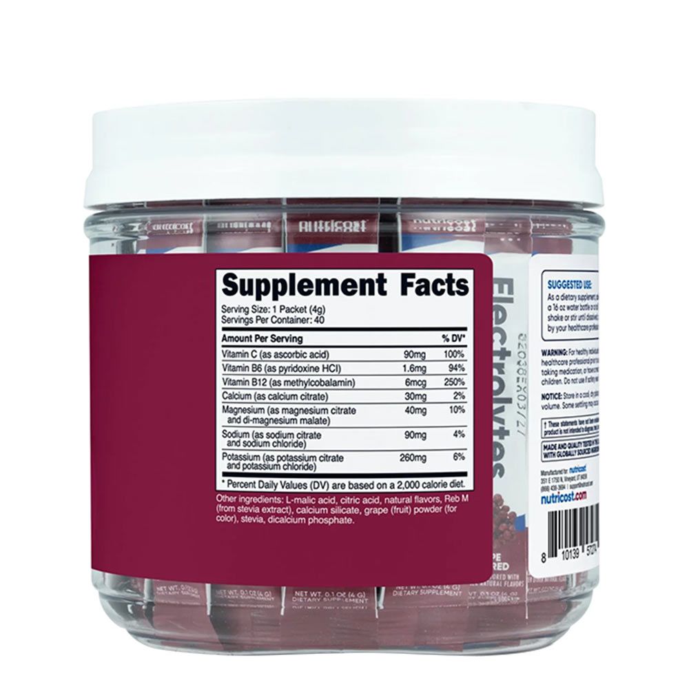 NUTRICOST - ELECTROLYTES HYDRATION STICK PACKS - SZŐLŐ ÍZŰ - 156 G NUTRICOST - ELECTROLYTES HYDRATION STICK PACKS - SZŐLŐ ÍZŰ - 156 G